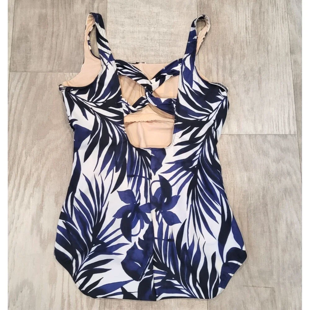 Lands End OnePiece Swimsuit 16 Long Blue White Underwire Ruched Tummy Twist Back